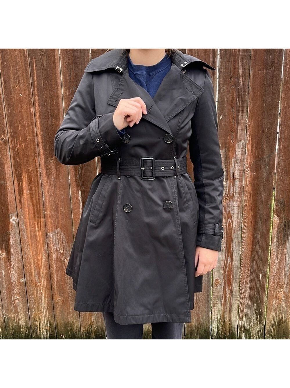 BLACK women’s double breasted trench coat - Picture 3 of 9